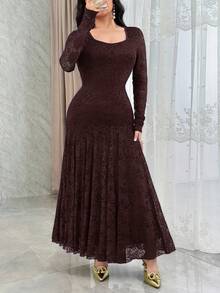 Modelyn Đầm cocktail thanh lịch cổ vuông, eo thắt ren, dáng đuôi cá. - Cà phê nâu - Xem 5