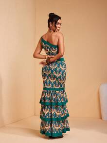 JIAN LASALA Contrast Blocked Print Mesh Asymmetric One-Shoulder Layered Ruffled Sleeveless Women Long Dress - Green - View 2