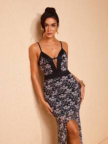 JIAN LASALA All-Over Print Mesh Spaghetti Straps Deep Neckline Contrast Binding Bodycon Mullet Women Dress - Multicolor - View 7
