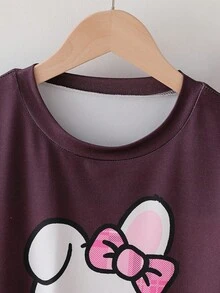 2件套 少女可爱兔子字母印花圆领宽松T恤和格子阔腿裤睡衣 - 彩色 - 查看 5