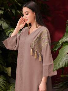 Al Najma V-Neck Loose Fit 3/4 Sleeve Patchwork Fringe Design Abaya - Coral Pink - View 3