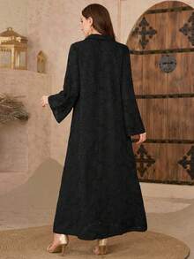 Al Najma Rhinestone Decorated Collar Mesh Elegant Arabic Style Dress - Black - View 2