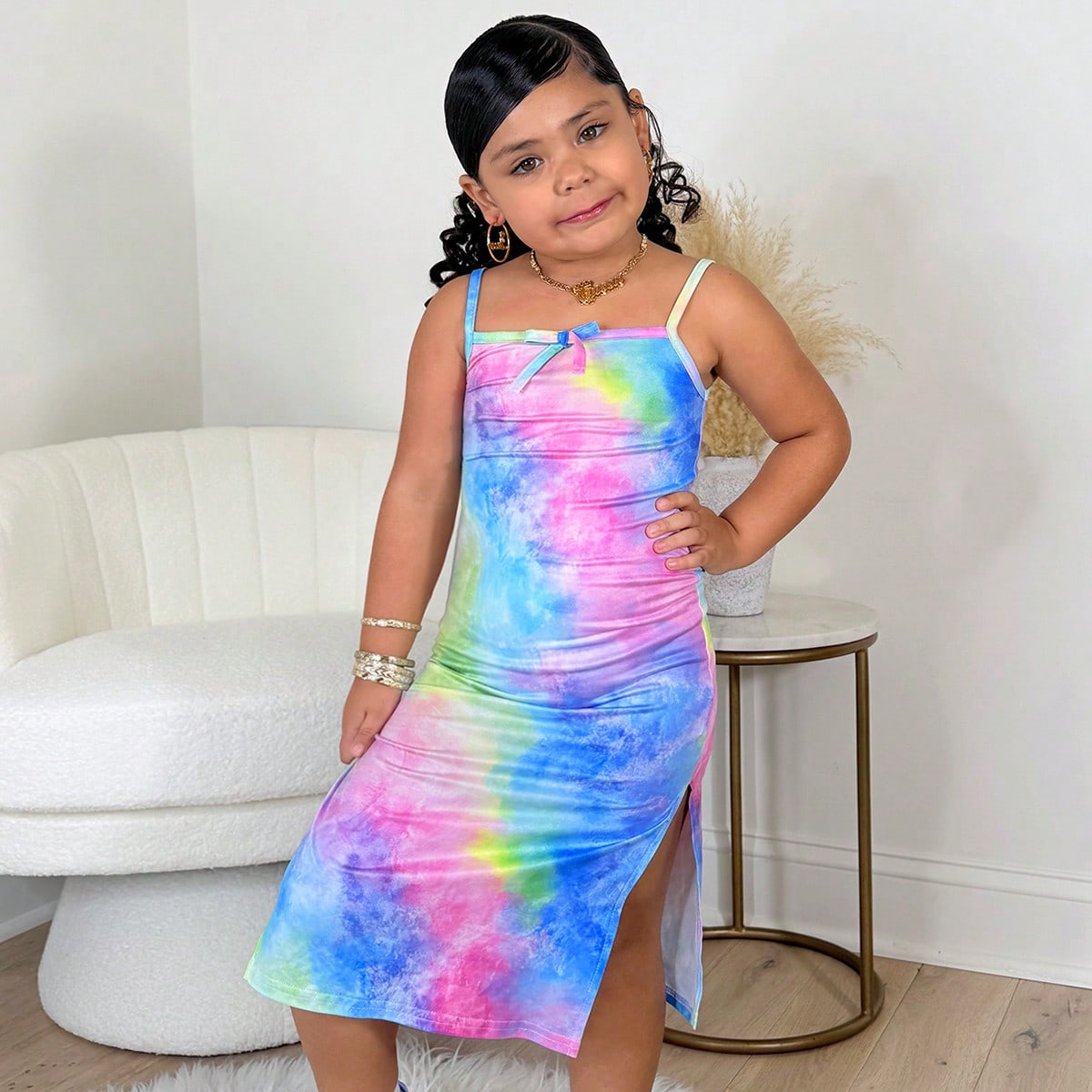 Vestido ajustado de tirantes con estampado tie-dye para niña casual