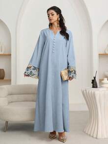 Al Najma Đầm dài tay màu mơ, chất liệu lưới hoa, kiểu dáng thanh lịch Ả Rập dành cho nữ, thích hợp cho mùa Thu/Đông. - Màu xanh lam - Xem 7