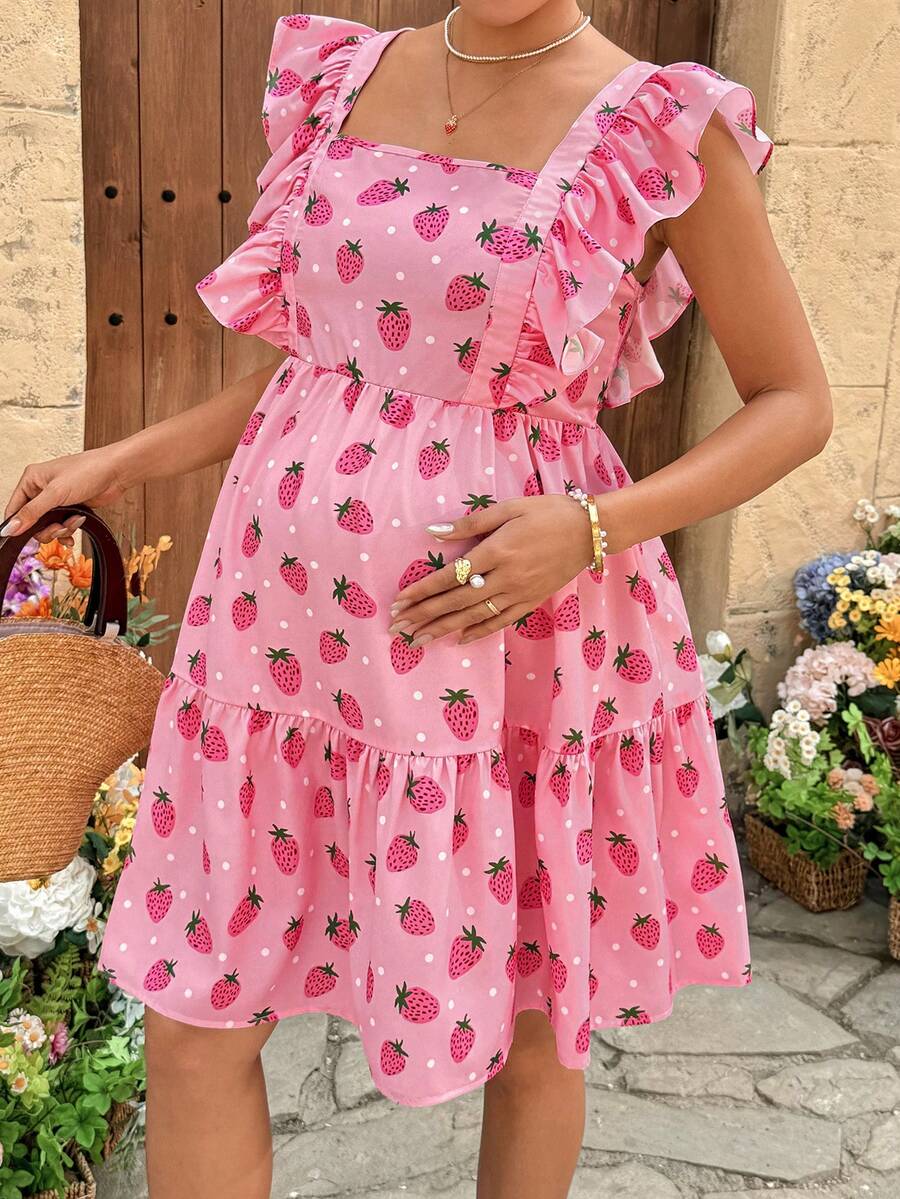 SHEIN 草莓印花荷叶袖哺乳连衣裙 - 粉色 - 查看 1