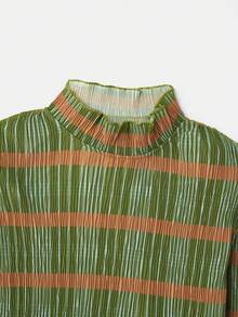 SHEIN Unity Vestido mini de manga larga y cuello alto con rayas naranjas y caqui, estilo vintage de primavera y verano, estilo francés y parisino - Multicolor - Ver 3