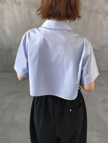 FRIFUL Camisa de verano para mujer con cuello regular, frente con cordón y mangas cortas - Azul - Ver 4