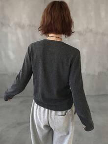 FRIFUL Women's Round Neck Cinched Waist Drawstring Hem Fitted Bowknot Drawstring Textured Fabric Decor T-Shirt, Spring To Summer Clothing - Black - View 5