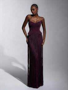 Elitara 优雅奢华性感针织亮片露肩猫领腰部流苏装饰修身连衣裙，适合晚宴、展览、商务活动等正式场合，女士晚礼服 - 深紫色 - 查看 3