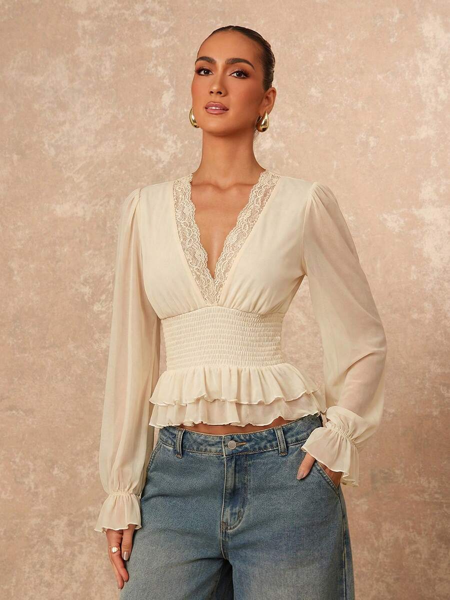 Lumalex Lace Trim Elastic Waist Soft Mesh Puff Sleeve Ruffle Hem Women Blouse - Apricot - View 1