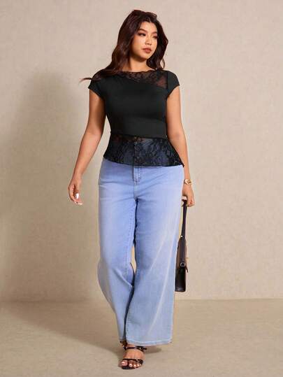 Elaquor Plus Size Women Lace Patchwork Asymmetrical Hem Fashionable Versatile Daily Wear Cap Sleeve T-Shirt Wide Leg Jeans Woman Wide Leg Pants Curve Pants Outfits For Women Jeans Top For Women Spring Outfit Women Spring Shirt For Women
