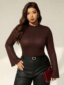 Auralis 黑色弹力缎面长喇叭袖圆领收腰连体衣，适合通勤、办公、派对、音乐节、生日等场合，大码可选。 - 棕色 - 查看 6