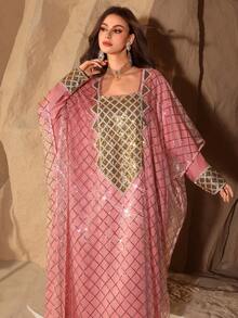 Layrah Elegant Spring/Summer Square Neck Sequin Embroidered Dress For Evening Party - Pink - View 6