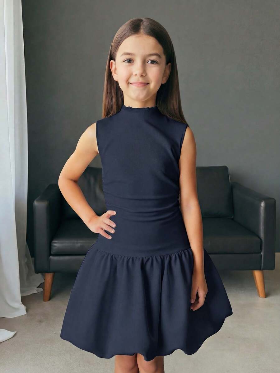 SHEIN Nova Glow 青少女優雅海軍藍夏季派對洋裝,無袖立領 A 字版型針織低腰洋裝,適合青少女返校與畢業季 - 藏蓝色 - 查看 1