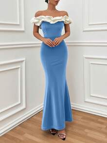 EURMUSE Vestido ajustado con hombros descubiertos y volantes de dos tonos, vestido elegante - Azul - Ver 6