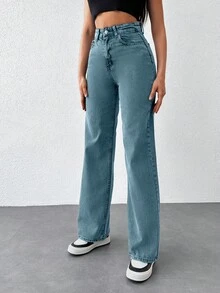 100%Cotton Solid Slant Pocket Casual Straight Leg Jeans - Baby Blue - View 4
