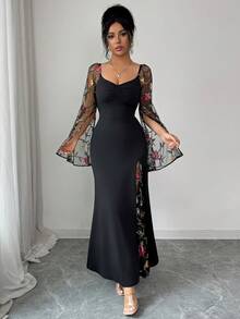 Rafferiza Đầm dự tiệc tay xẻ thanh lịch phối lưới thêu hoa dành cho nữ - Nhiều màu - Xem 8