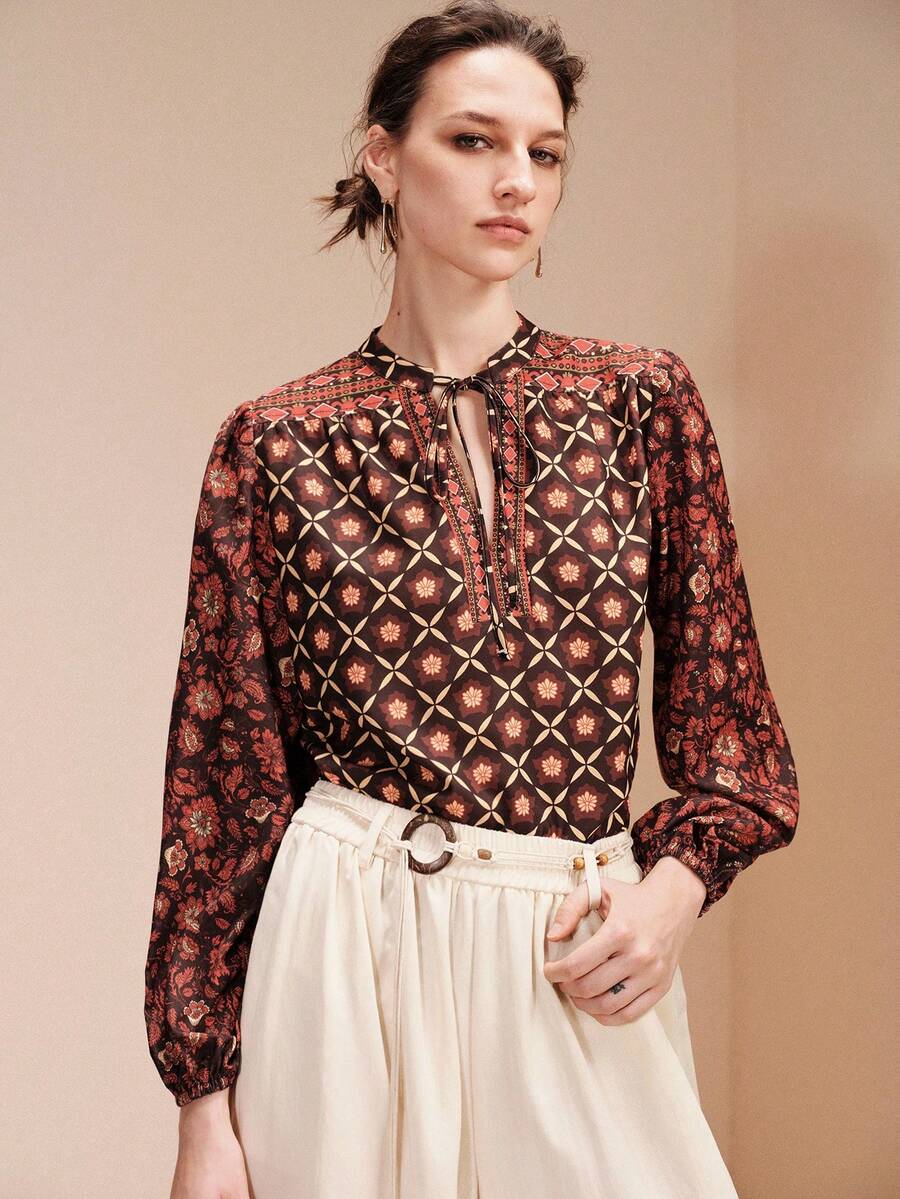 Arave 女士休闲波西米亚印花宽松衬衫，春秋季时尚外套 - 彩色 - 查看 1