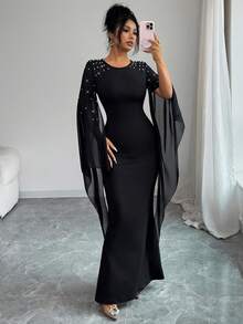 SHEIN Raffinéa Women's Elegant Fitted Beaded Puff Sleeve Party Dress, Autumn/Winter - Black - View 6