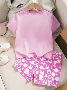 MTV | SHEIN Young Girl Summer Casual Cartoon Letter Print Short Sleeve T-Shirt And Shorts Pajama Set - Pink - View 2