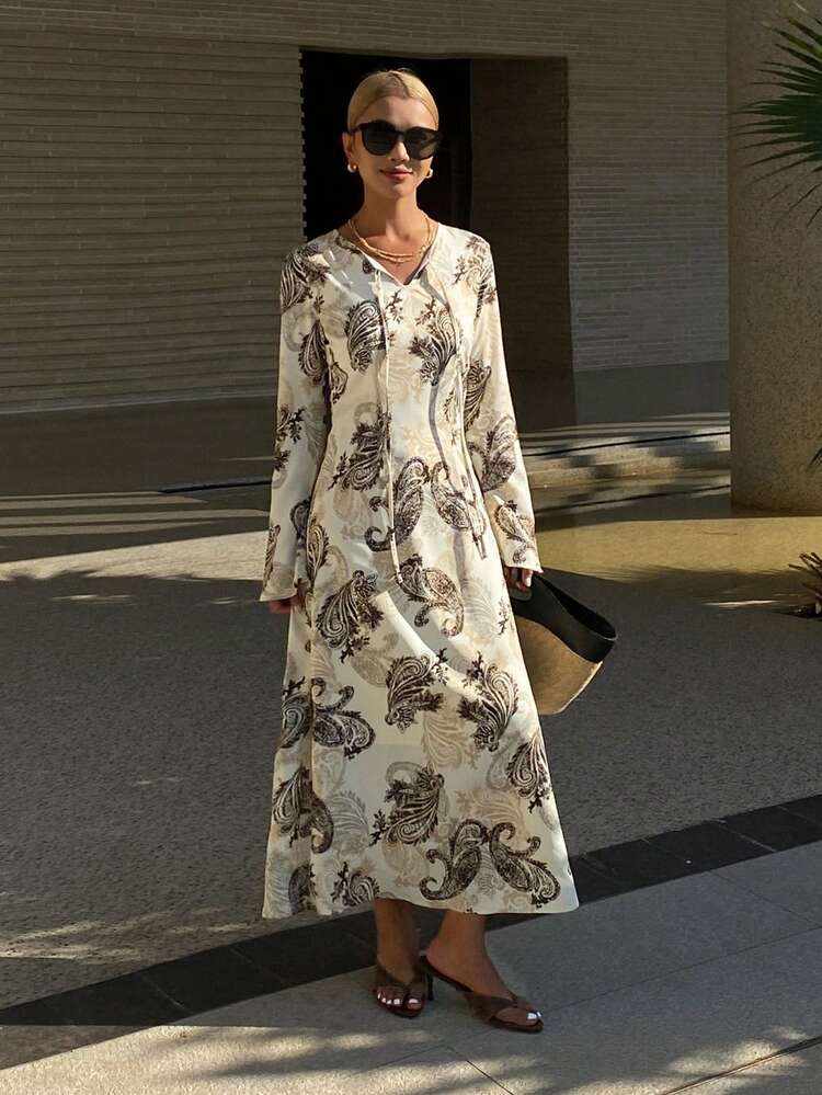 Elegant French Cashew Flower Asymmetric Flare Sleeve Dress For Women Sundress Boho