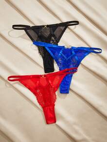 Charlaine 3pcs/Set Women Lace Trim Metal Buckle Thong Panties, Black, Red, Blue - Multicolor - View 3