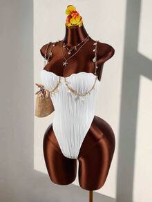 Amplova 一件式女士纹理波浪条纹贝壳泳衣，性感时尚，适合度假穿着，女士度假装扮，优雅女士沙滩泳衣 - 彩色 - 查看 9