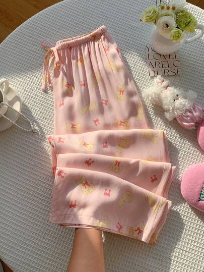 Comfortcana Pantalones anchos de mujer con estampado de dibujos animados y cordón en la cintura, versátiles para uso diario, verano