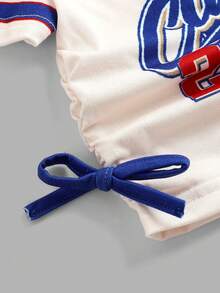 SHEIN 2pcs/Set Young Girl Casual Cute Jersey Letter Print Blue & White Top Tee And Flared Pants Outfit - Blue and White - View 3