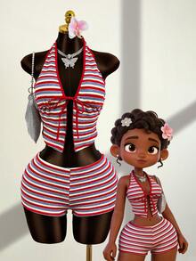 Zestiva 2pcs Special Fabric Halter Drawstring Top And Briefs Elegant Swimsuit Set - Multicolor - View 1