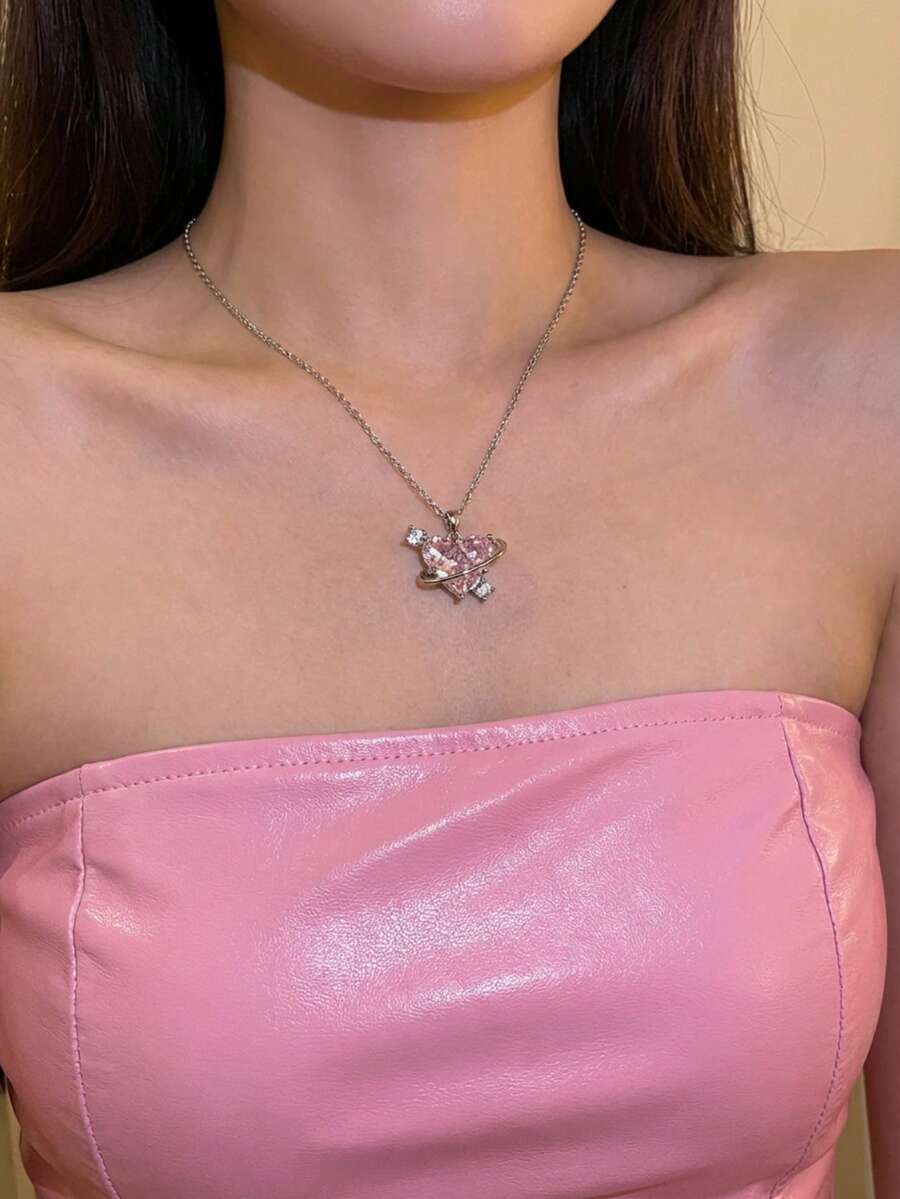Joivida Pink Crystal Heart Pendant Necklace Dainty Sweet Girlfriend Gift Rose Gold Plated Adjustable Chain Delicate Jewelry For Women Birthday Present - Multicolor - View 1