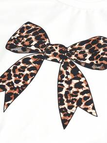 SHEIN Girlism Tween Girl Casual Street Fashion White T-Shirt With Leopard Print Bow Design & Leopard Print Pants Set - White - View 3