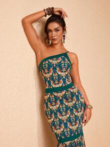 JIAN LASALA Contrast Blocked Print Mesh Asymmetric One-Shoulder Layered Ruffled Sleeveless Women Long Dress - Green - View 7