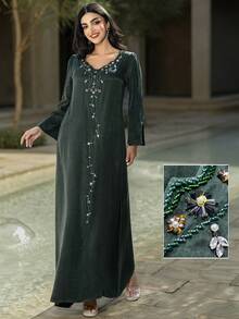 Layrah Copper Ammonium Rayon Natural Fabric Comfortable Skin-Friendly Handmade Rhinestone Embellished Arabic Style Dress - Green - View 2