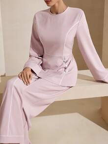 Graceveil 女士优雅莲花粉色珍珠纽扣装饰上衣+裤子阿拉伯风格套装，时尚 - 藕粉色 - 查看 5