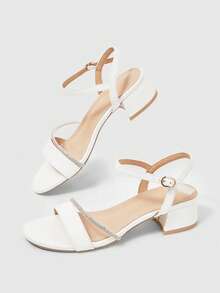 Sleekvia Giày nữ, giày cao gót mũi tròn, đế dày vừa phải, quai ngang mắt cá chân màu trắng, đính đá lấp lánh, kiểu dáng thanh lịch, thời trang, thoải mái hàng ngày, đa năng, thích hợp cho ngày Valentine. - trắng - Xem 2