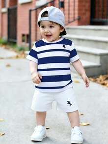 2pcs/Set Toddler Boys' Casual Striped Horse Print Short Sleeve T-Shirt And Shorts Set, Comfortable Daily Wear, Spring/Summer - Multicolor - View 6