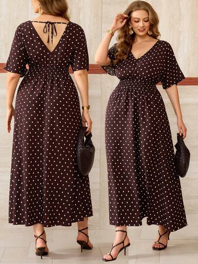 Roveilla Plus Size Women's Vintage Elegant Polka Dot Print Shirred Backless Tie-Waist Dress, Suitable For Summer Vacation