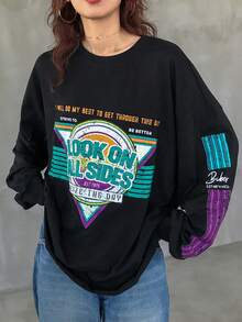 FRIFUL Women's Crew Neck Long Sleeve Loose Cotton T-Shirt With Large Bright Graphic Print, Suitable From Spring To Summer - Black - View 9