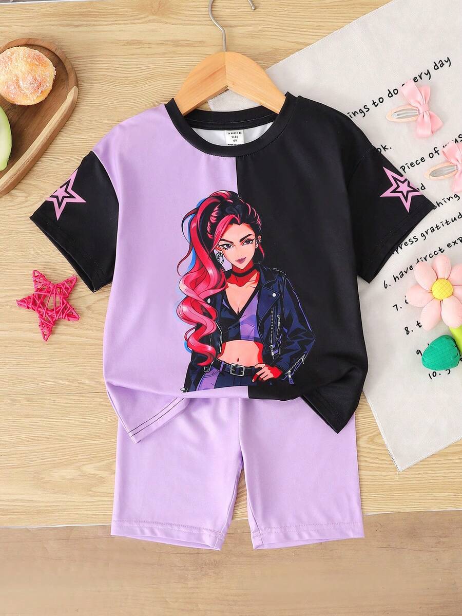 SHEIN Young Girl Summer New Pattern Loose Short Sleeve T-Shirt And Bike Shorts Set,Casual Cartoon Knit Outfit,Sporty Fashion Holiday Everyday Clothes - Multicolor - View 1