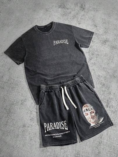 Manfinity ZONE917 男士字母和图案印花圆领短袖 T 恤和抽绳腰短裤套装，休闲