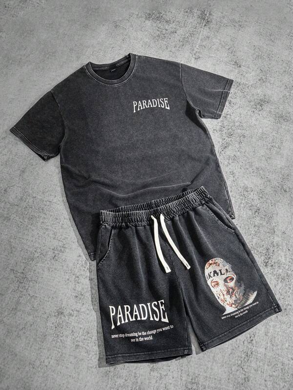 Manfinity ZONE917 男士字母和图案印花圆领短袖 T 恤和抽绳腰短裤套装，休闲