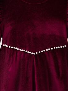 Baby Girls' Velvet Crew Neck Long Sleeve Beaded A-Line Dress, Burgundy, Suitable For New Year, Party, Christmas, Autumn/Winter - Burgundy - View 5