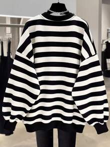 New Arrival Best-Selling Women's Regular Crew Neck Striped Sweatshirt - Black and White - View 2