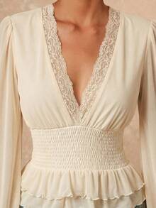 Lumalex Lace Trim Elastic Waist Soft Mesh Puff Sleeve Ruffle Hem Women Blouse - Apricot - View 3