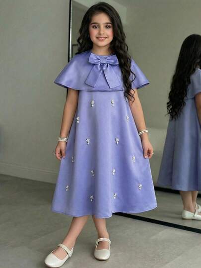 SHEIN Tween Girl Loose Elegant Round Neck Bow Decor Sleeveless Pearl Embellished Dress Set