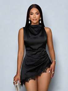 SOLERSUN 女士简约优雅高领黑色蕾丝边拼接不对称下摆无袖时尚缎面衬衫 - 黑色 - 查看 8