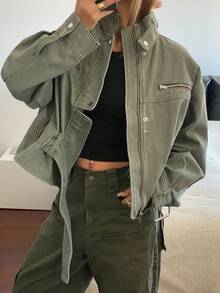 DAZY Women's Stand Collar Open Front Casual Zip-Up Denim Jacket With Multiple Pockets Y2k - Army Green - View 2