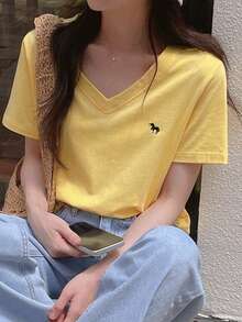 DAZY Women's V-Neck Short Sleeve Casual T-Shirt With Small Embroidery Decor, Versatile & Loose Fit, Summer - Yellow - View 2