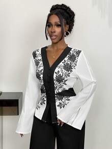 Xyvia قميص نسائي أنيق وعتيق بطبعة زهرية خفيف الوزن بتصميم أبيض وأسود مناسب للعمل والمواعيد في الربيع والصيف - أبيض وأسود - مشاهدة 7